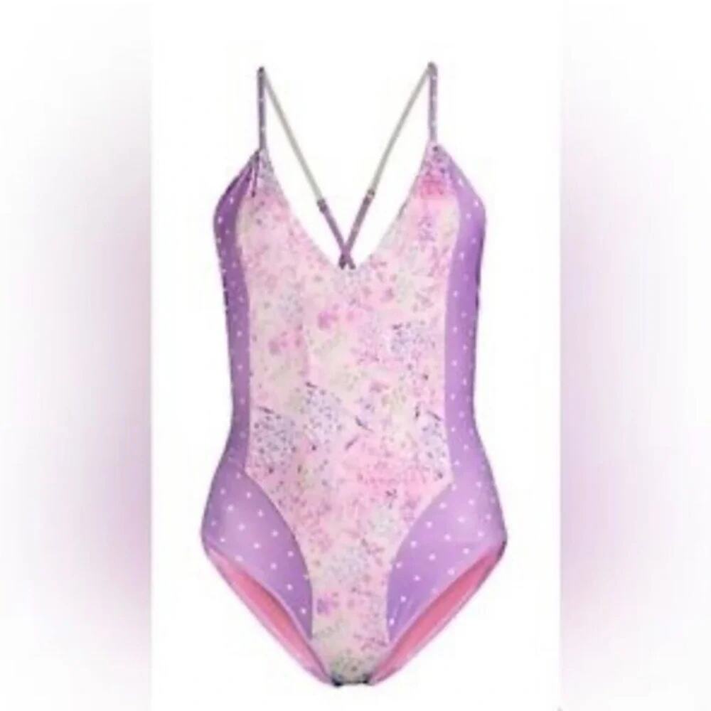 LoveShackFancy Purple Pansy Floral Shailee One Piece Swimsuit XS NWT